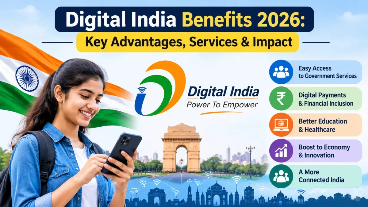 Digital India benefits 2026 showing online government services, digital payments, internet connectivity and technology access in India.