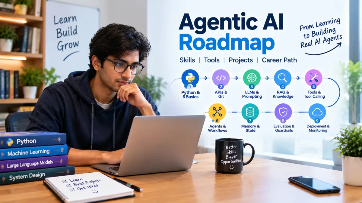 Agentic AI roadmap showing a learner building AI agents with tools, RAG, automation and multi-agent workflows