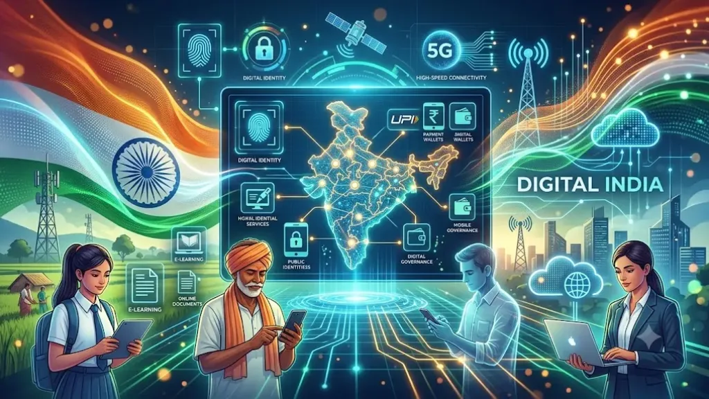 Digital India Programme 2026 illustrating online government services, digital connectivity and technology-enabled public services in India